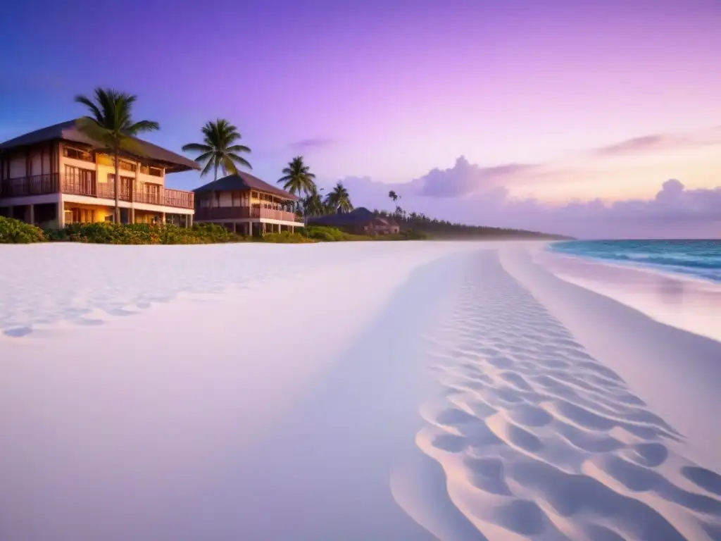 Un lujoso resort frente a la playa al atardecer, con palmeras meciéndose suavemente en la brisa