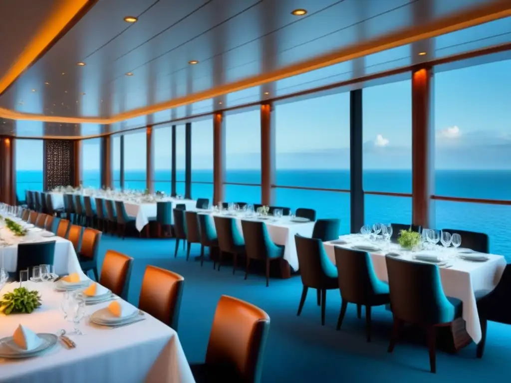 Un lujoso salón de comedor en un crucero, con mesas elegantes, gastronomía internacional y vista al mar