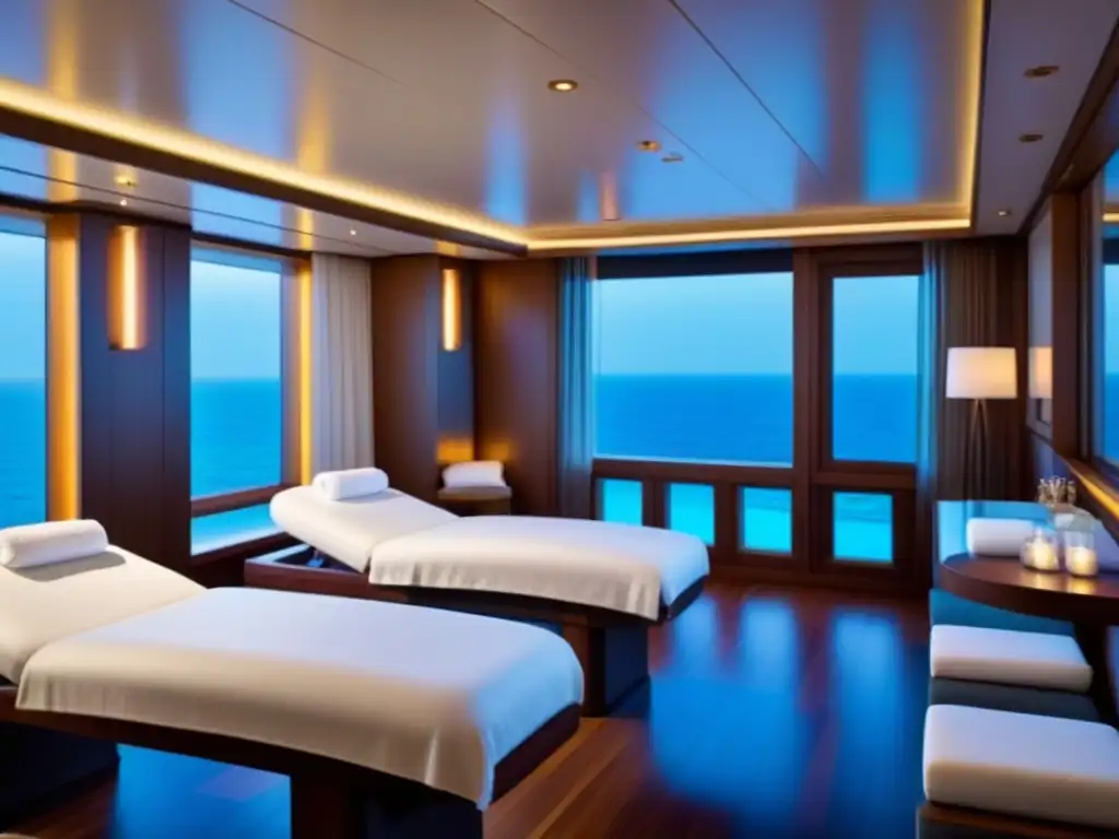 Un lujoso spa para adultos en cruceros, con diseño moderno, toallas blancas y mesas de masaje frente al mar