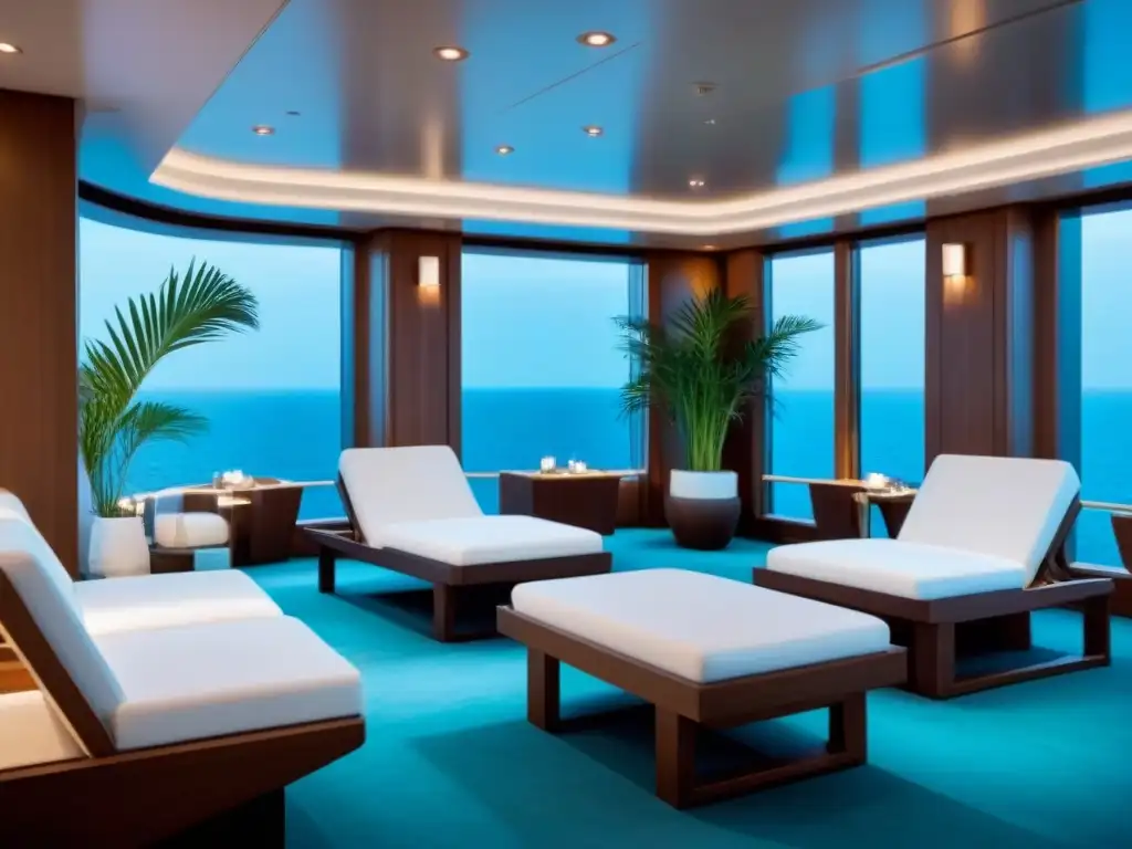 Un lujoso spa a bordo de un crucero, con decoración minimalista, elegante iluminación ambiental y vista al mar