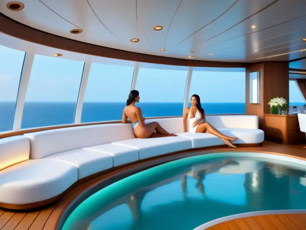 Un lujoso spa a bordo de un crucero, con decoración minimalista, iluminación suave y vistas al mar