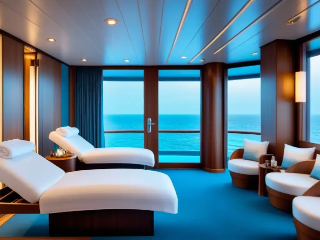 Un lujoso spa a bordo de un crucero, con diseño moderno, albornoces blancos y vista al mar