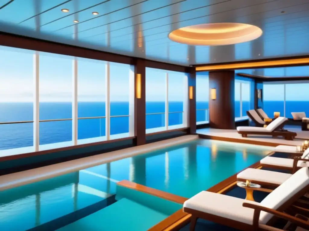 Un lujoso spa a bordo de un crucero de lujo, con diseño minimalista, ambiente tranquilo y programas detox en cruceros de lujo