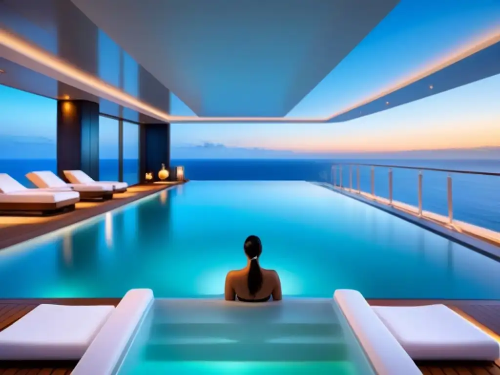 Un lujoso spa a bordo de un crucero, con piscina infinita y vistas al mar, transmitiendo tranquilidad y opulencia