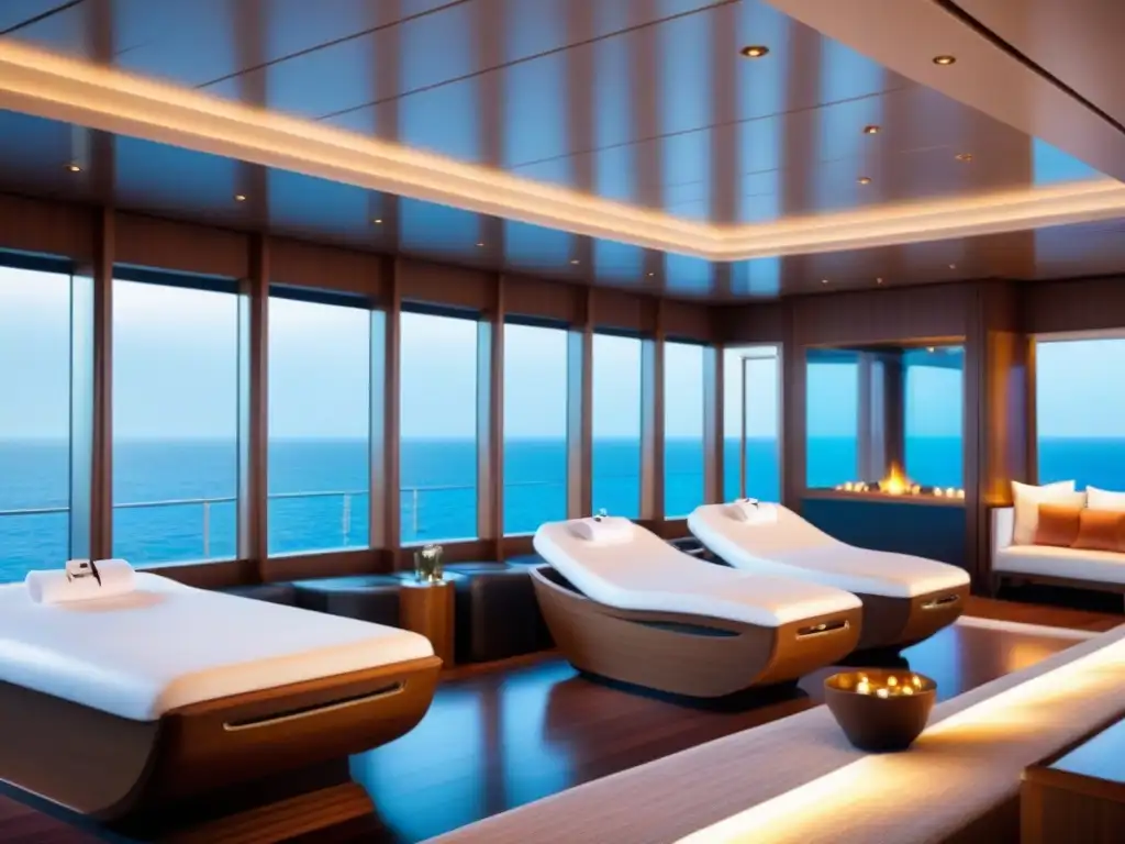 Un lujoso spa a bordo de un crucero, con diseño moderno y minimalista, ventanas panorámicas al mar, batas blancas y ambiente sereno