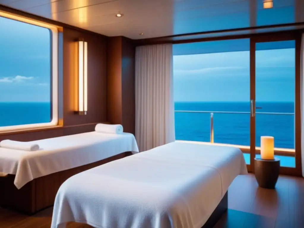 Un lujoso spa en un crucero: ambiente sereno con toallas apiladas, batas blancas y vista al mar