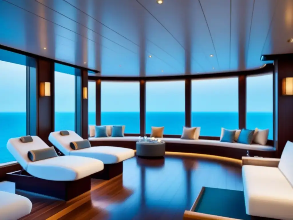 Un lujoso spa en un crucero con decoración blanca y azul, vistas al mar y luz natural, para disfrutar de los beneficios de relax y bienestar