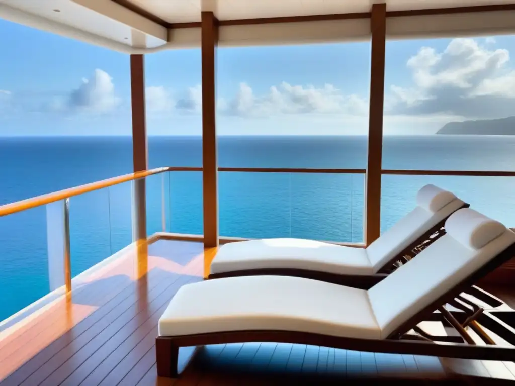 Un lujoso spa en un crucero, con batas blancas sobre sillas de madera y una piscina infinita con vista al mar