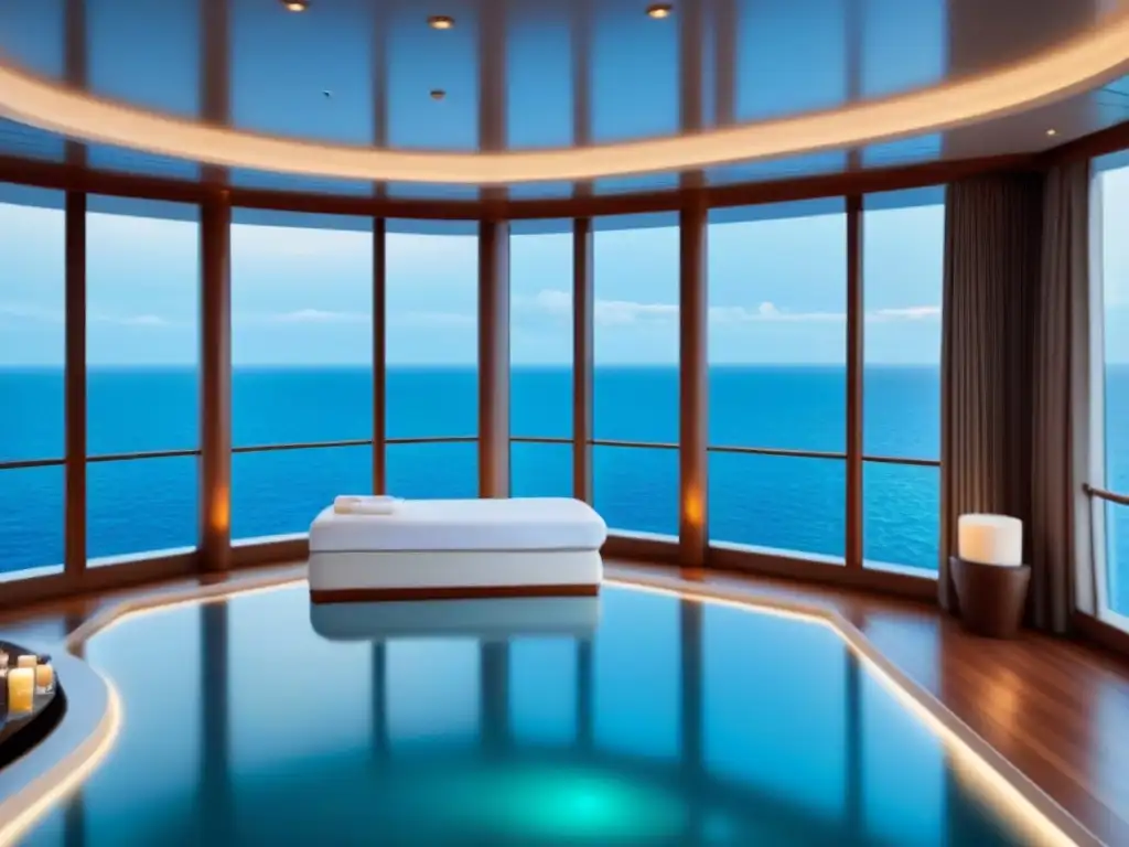 Un lujoso spa en un crucero de bienestar rejuvenece con diseño moderno, iluminación ambiental y vista al mar