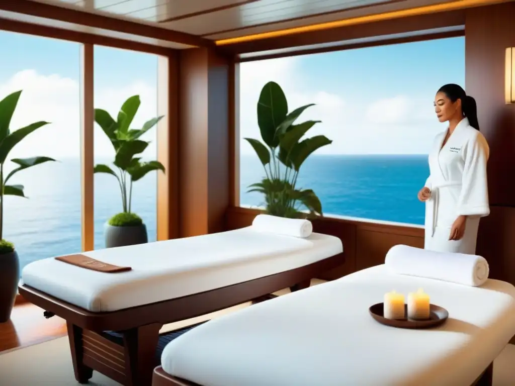 Un lujoso spa en un crucero de bienestar para relajarte, con diseño minimalista y tonos neutros, donde los huéspedes disfrutan de relajación