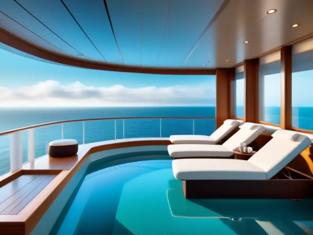 Un lujoso spa de crucero con diseño moderno y vistas al mar, transmitiendo tranquilidad y elegancia