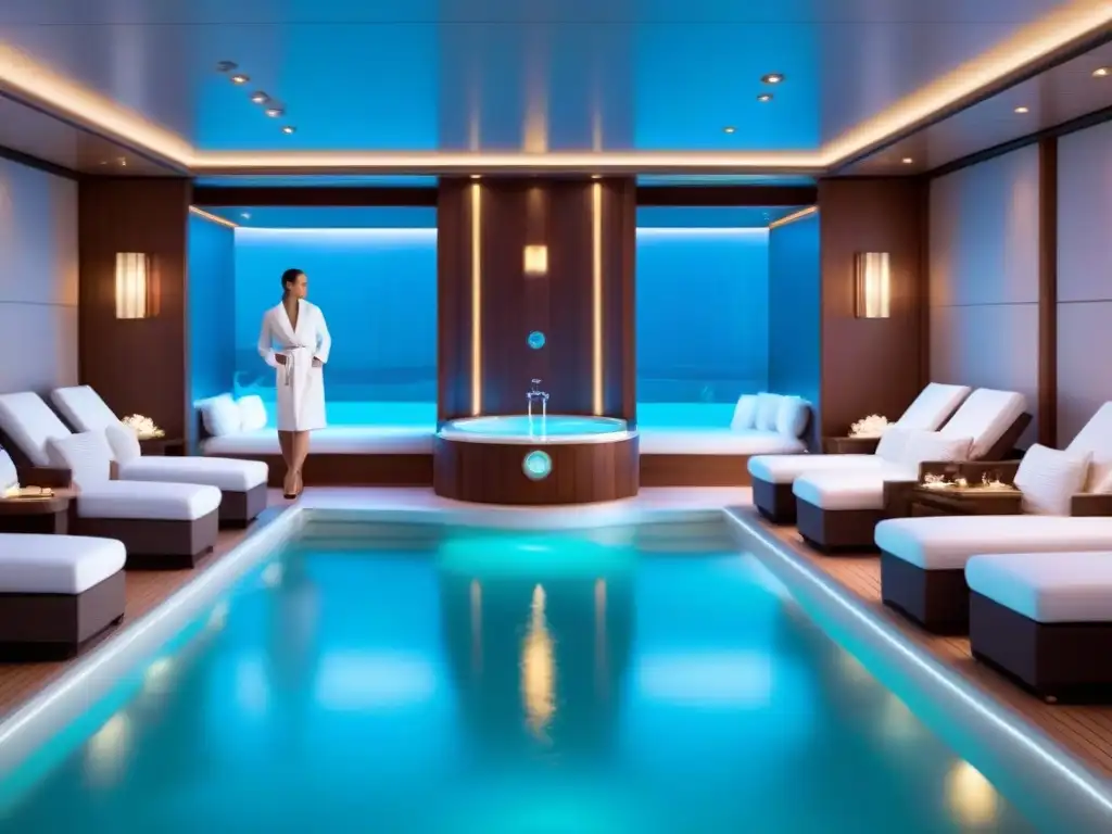 Un lujoso spa en un crucero, con diseño moderno y ambiente sereno