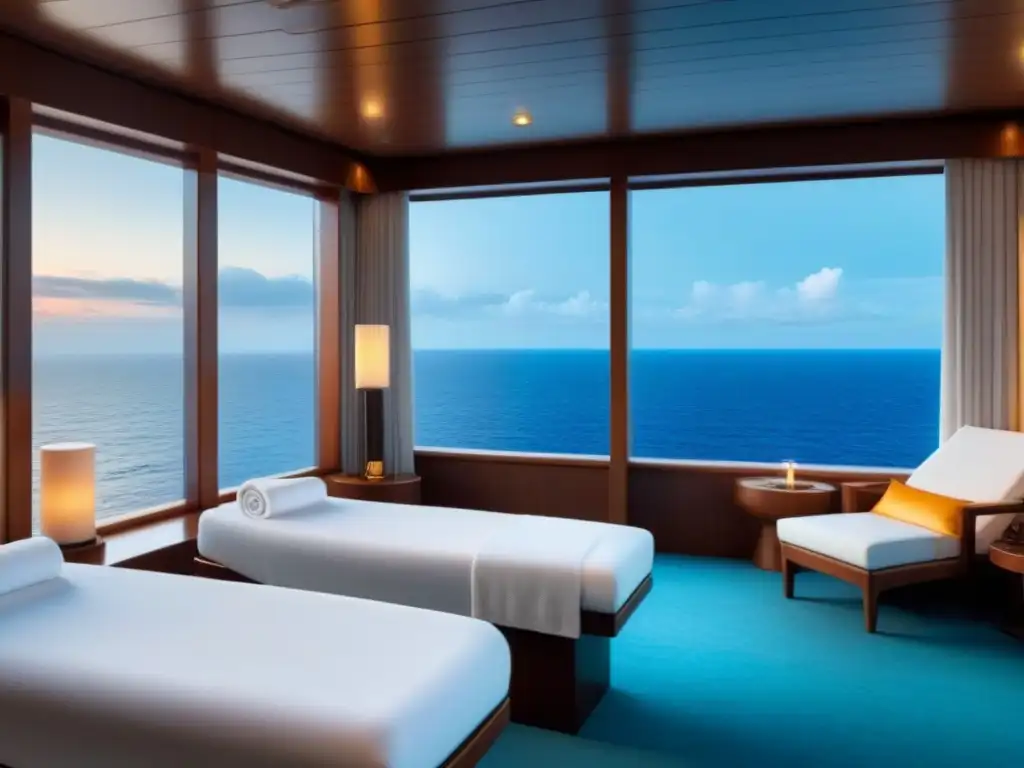 Un lujoso spa en un crucero, con diseño moderno, toallas blancas, camas de masaje y vistas al mar