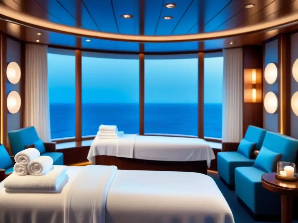 Un lujoso spa en un crucero, con diseño elegante, toallas blancas y vista al mar