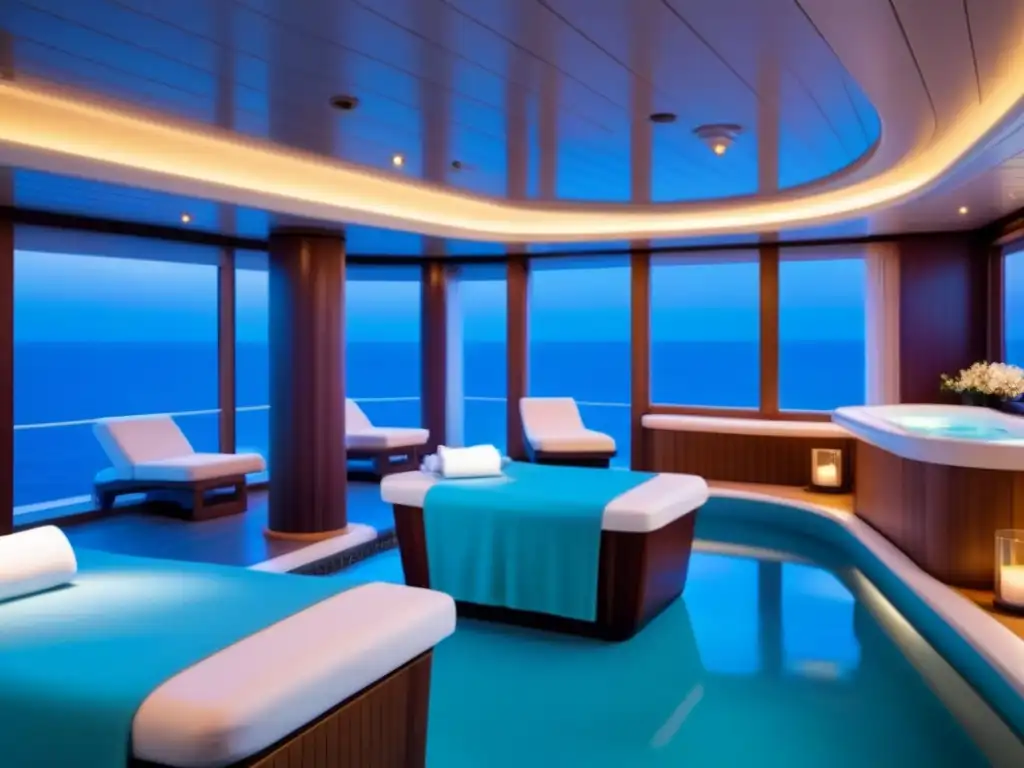 Un lujoso spa en un crucero con diseño elegante, iluminación suave y ambiente tranquilo