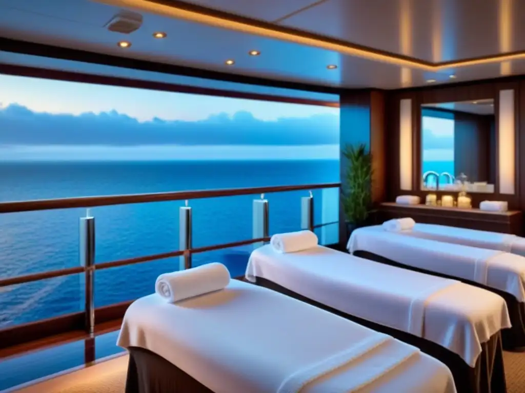 Un lujoso spa en un crucero, con diseño moderno, toallas blancas y mesas de masaje