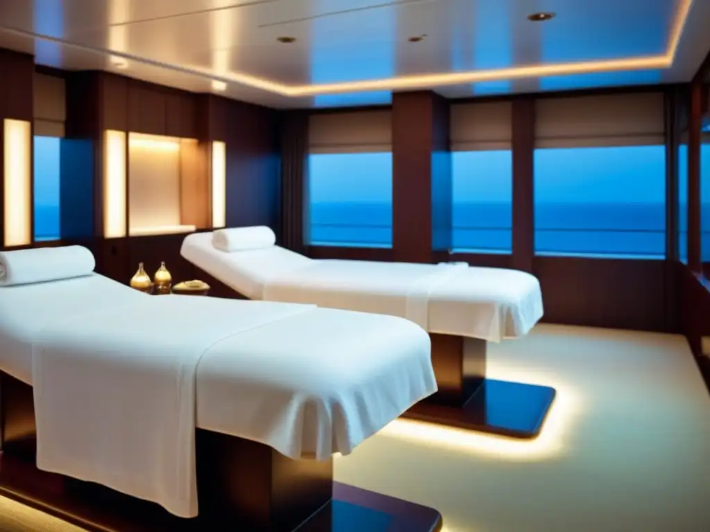 Un lujoso spa en un crucero, con diseño moderno, iluminación suave y limpieza impecable
