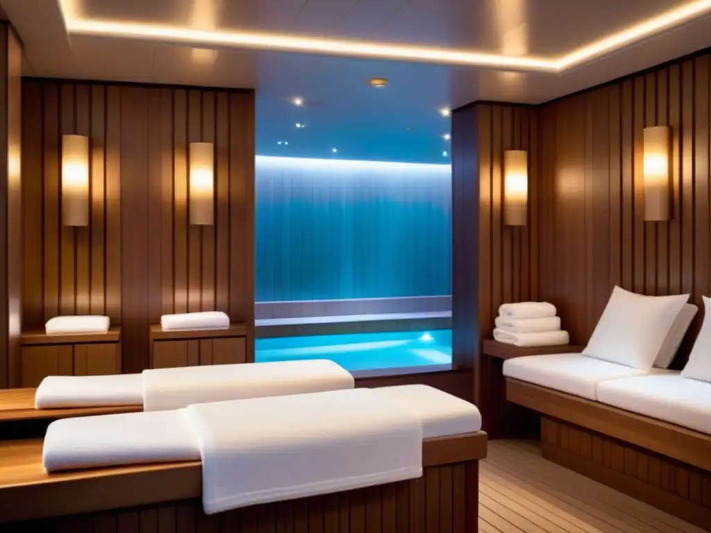 Un lujoso spa en un crucero con diseño minimalista, toallas blancas, lockers de madera y una piscina tranquila