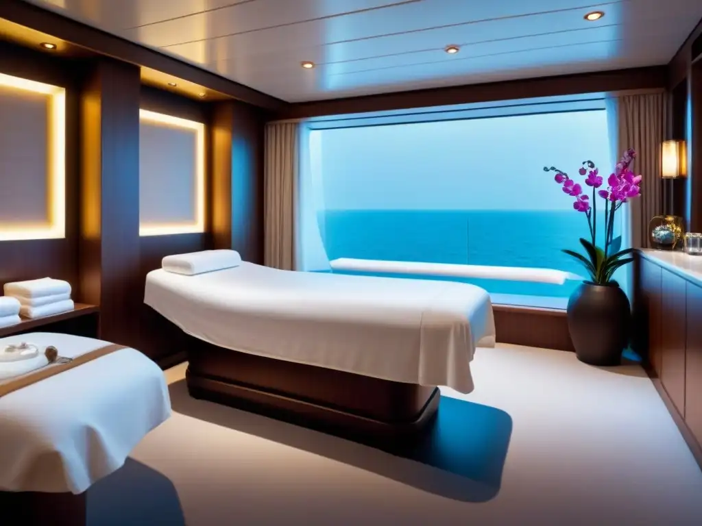 Un lujoso spa en un crucero, con diseño moderno, luz natural y ambiente tranquilo para tratamientos spa crucero lujo