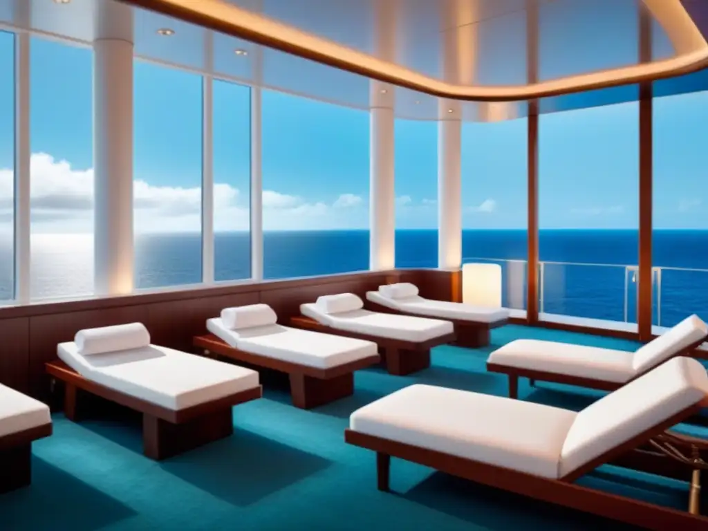 Un lujoso spa en un crucero con iluminación suave, decoración moderna y vista al mar