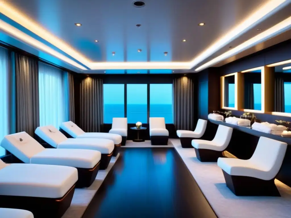 Un lujoso spa en crucero con suelos de mármol blanco, decoración minimalista, iluminación suave y salas de tratamiento privadas