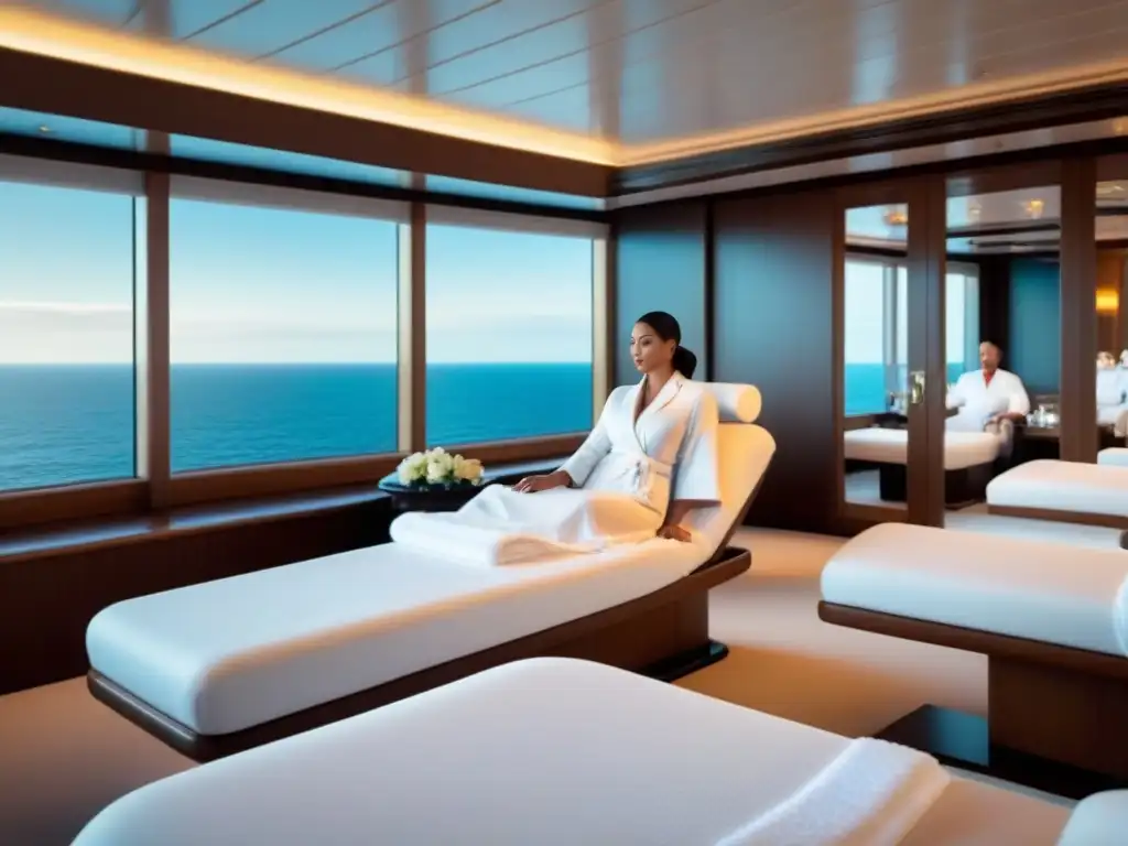 Un lujoso spa en un crucero, con vistas al mar, decoración moderna y ambiente sereno