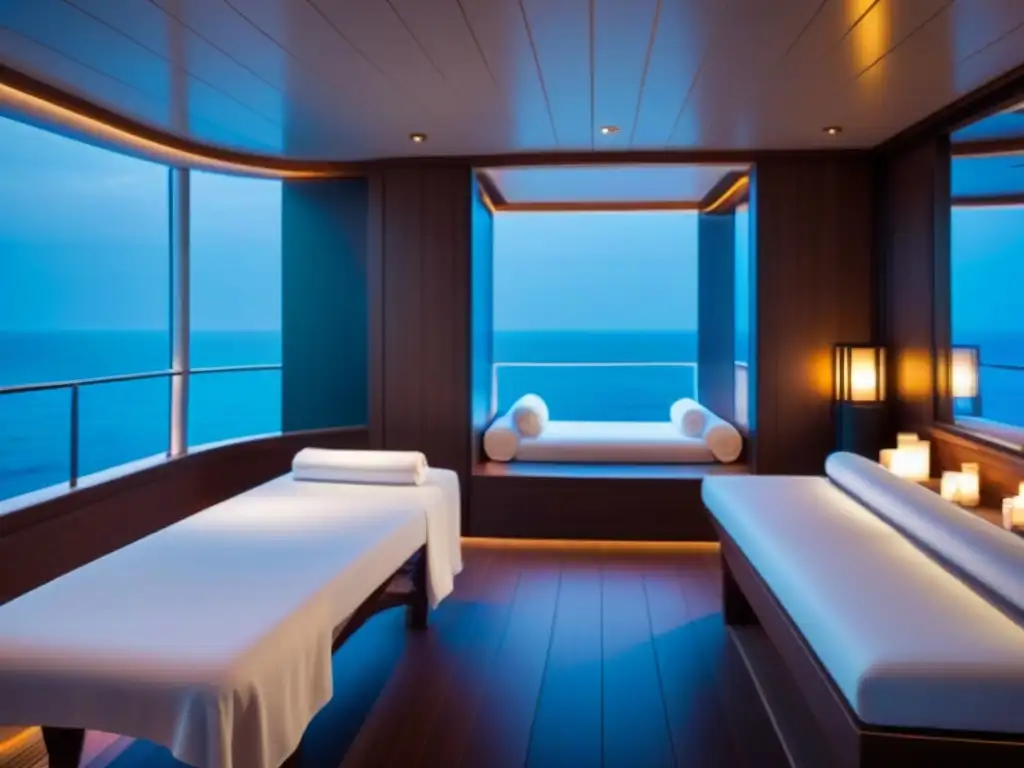 Un lujoso spa en cruceros de bienestar con diseño minimalista, colores neutros y ambiente relajante