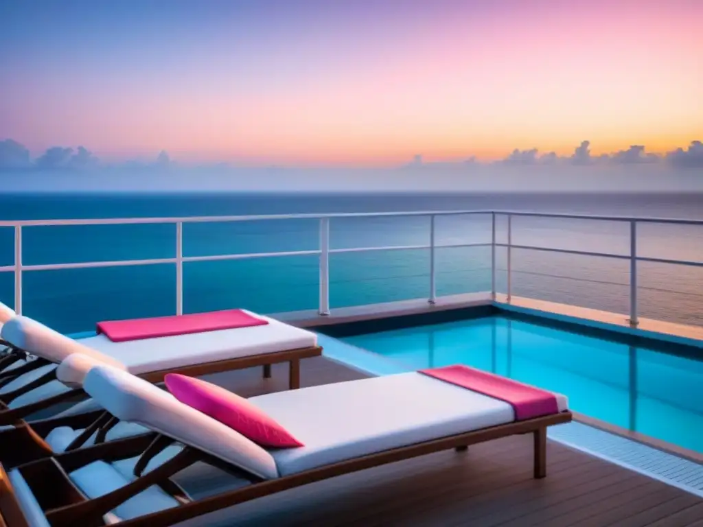 Un lujoso spa en el mar de un crucero al atardecer, con sillas vacías y una toalla blanca elegante