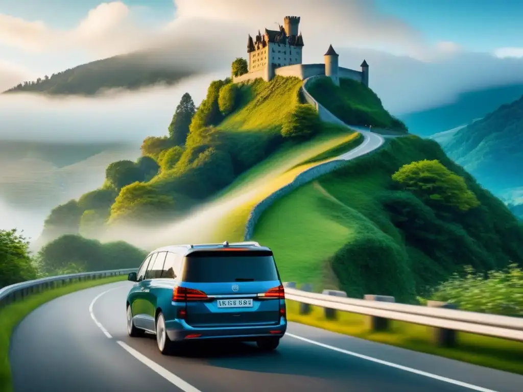 Un lujoso tour terrestre personalizado en un moderno minivan recorriendo paisajes montañosos
