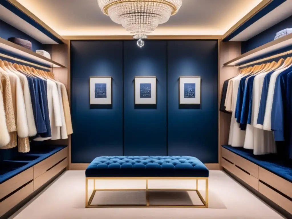 Un lujoso vestidor lleno de elegante ropa de crucero en tonos navy, blanco y dorado