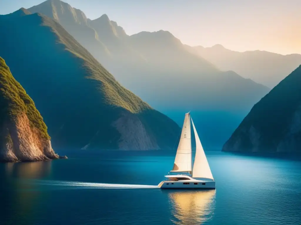 Un lujoso yate navegando en aguas tranquilas al atardecer