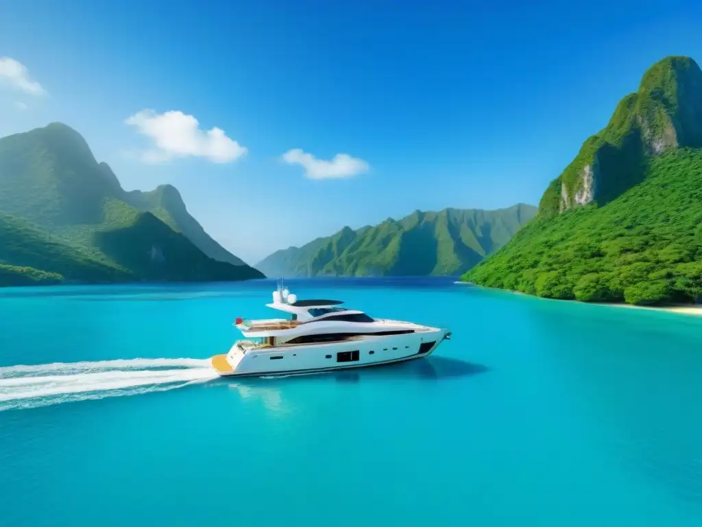 Un lujoso yate blanco navegando por aguas turquesas, rodeado de montañas verdes y cielo azul