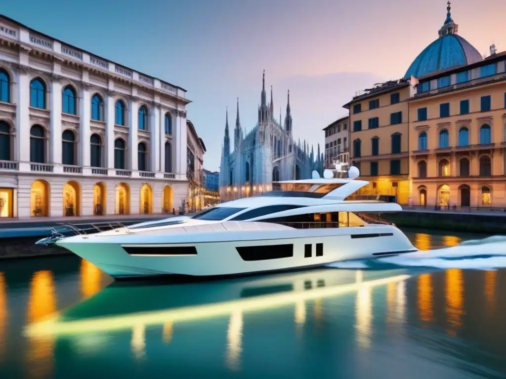 Un lujoso yate navegando por los canales de Milán, con la catedral Duomo y la ciudad de fondo