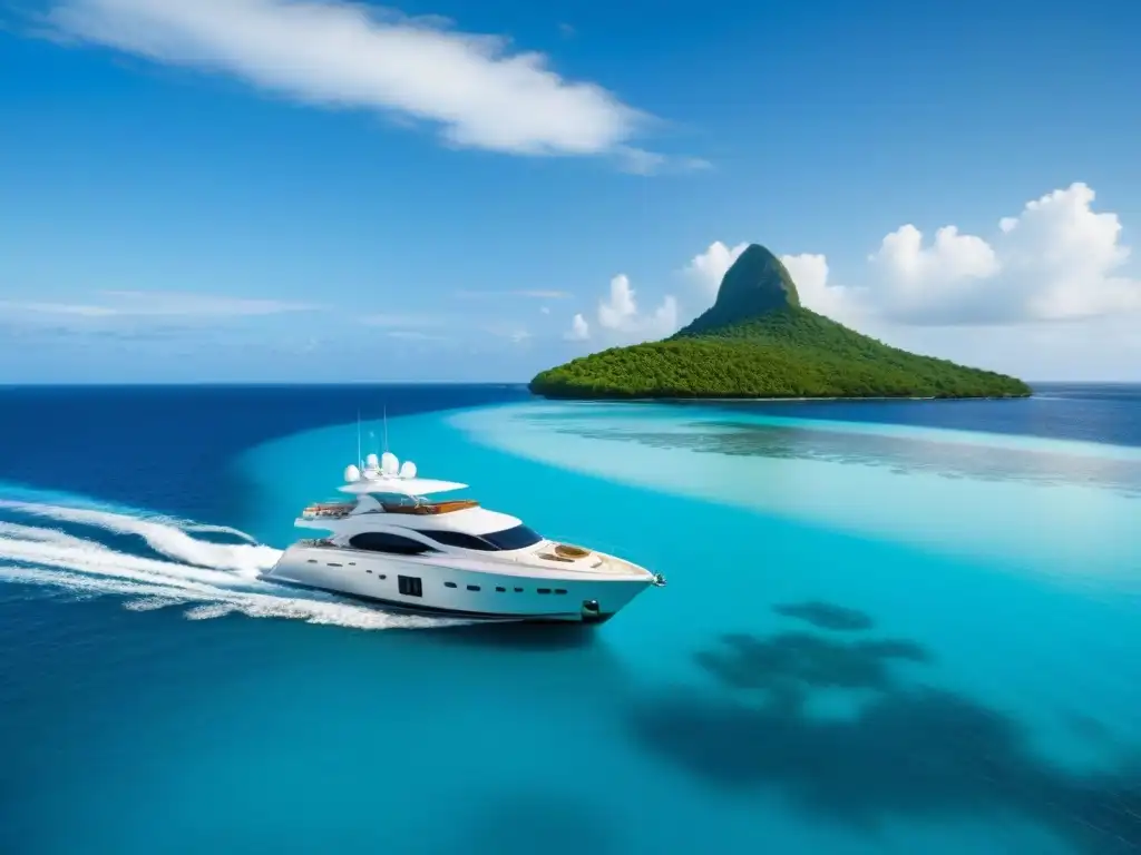 Un lujoso yate navegando hacia una isla privada rodeada de aguas cristalinas y playas de arena blanca