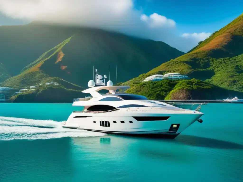 Un lujoso yate en una marina de San Juan, Puerto Rico, rodeado de aguas turquesas y montañas verdes, ideal para compras de lujo en puertos