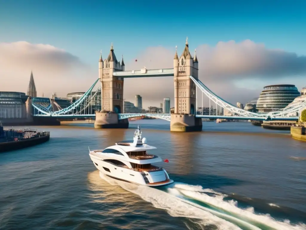 Un lujoso yate surca el Támesis con la Torre de Londres al fondo, reflejando exclusividad y elegancia