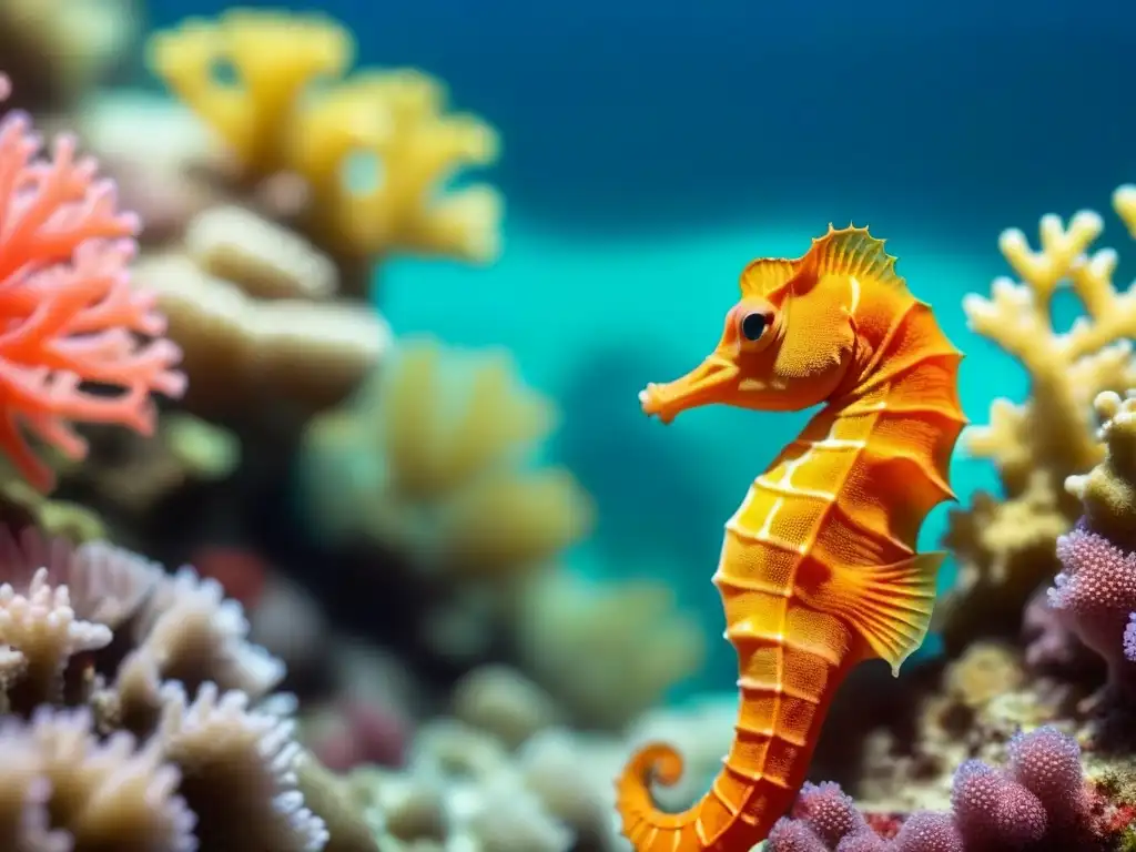 Macrofotografía de un caballito de mar naranja en un arrecife de coral, detalle y color vibrante en su hábitat marino