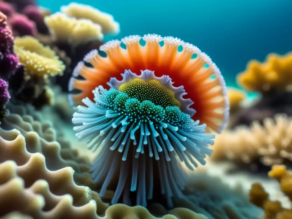 Macrofotografía marina de un coral vibrante en un océano cristalino lleno de vida marina