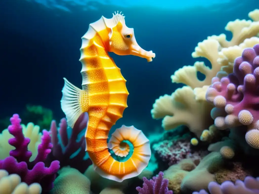 Macrofotografía marina de lujo: detallada imagen de un caballito de mar naranja y blanco en un arrecife de coral colorido