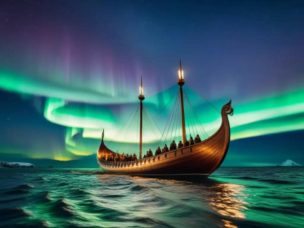 Un mágico barco vikingo navega bajo la aurora boreal en el Mar del Norte, evocando mitos marítimos