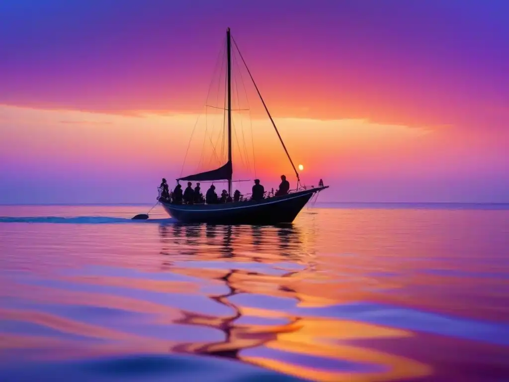 Un mágico concierto marítimo al atardecer con músicos apasionados en un velero, reflejando los tonos cálidos del cielo