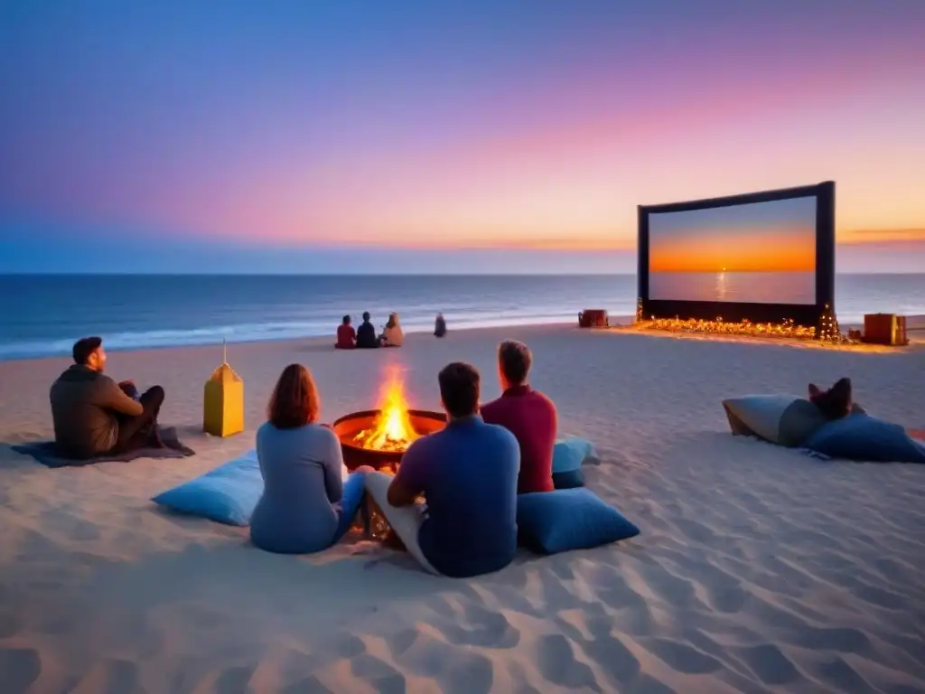 Un mágico festival de cine marítimo al aire libre en la playa al atardecer, con pantalla gigante y hoguera acogedora