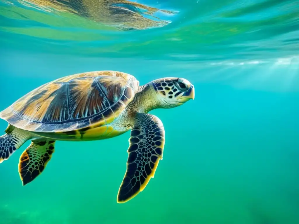 Majestuosa tortuga marina nadando en aguas turquesas, rodeada de manglares verdes