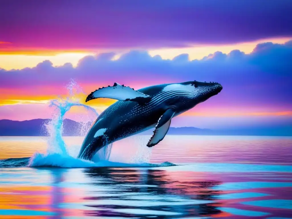 Una majestuosa ballena jorobada salta en el mar brillante al atardecer
