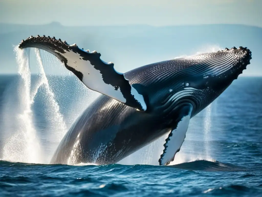 Una majestuosa ballena jorobada emerge del océano con gotas de agua suspendidas, el brillo dorado del sol y un ojo expresivo