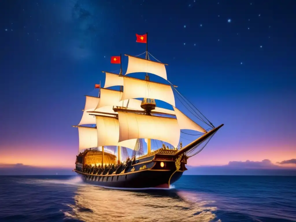 La majestuosa Flota del Almirante Zheng He navega bajo un cielo estrellado, reflejando la luz de la luna en aguas tranquilas