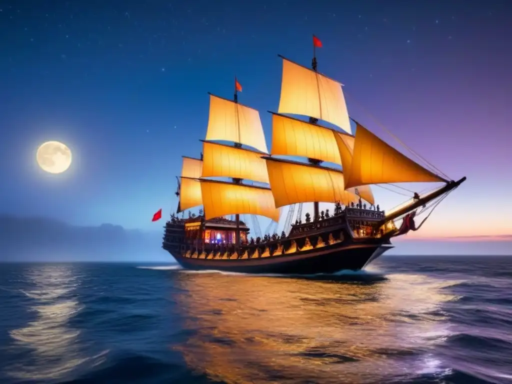 Majestuosa Flota del Almirante Zheng He surca el océano bajo un cielo estrellado y la luz de la luna