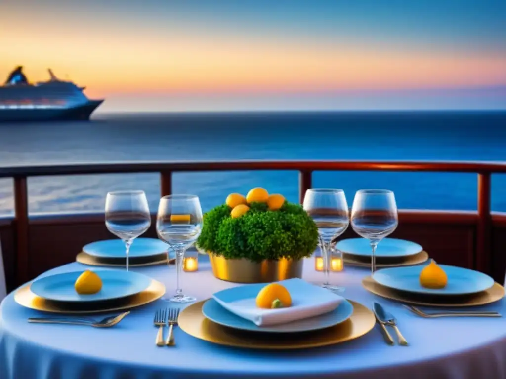 Majestuosa mesa de comedor en un crucero con menús inspirados en viajes marítimos al atardecer