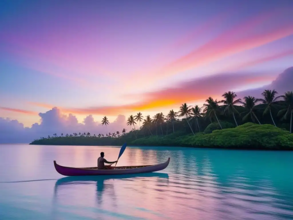 La majestuosa canoa polinesia deslizándose en aguas turquesas, rodeada de exuberante vegetación y un vibrante atardecer