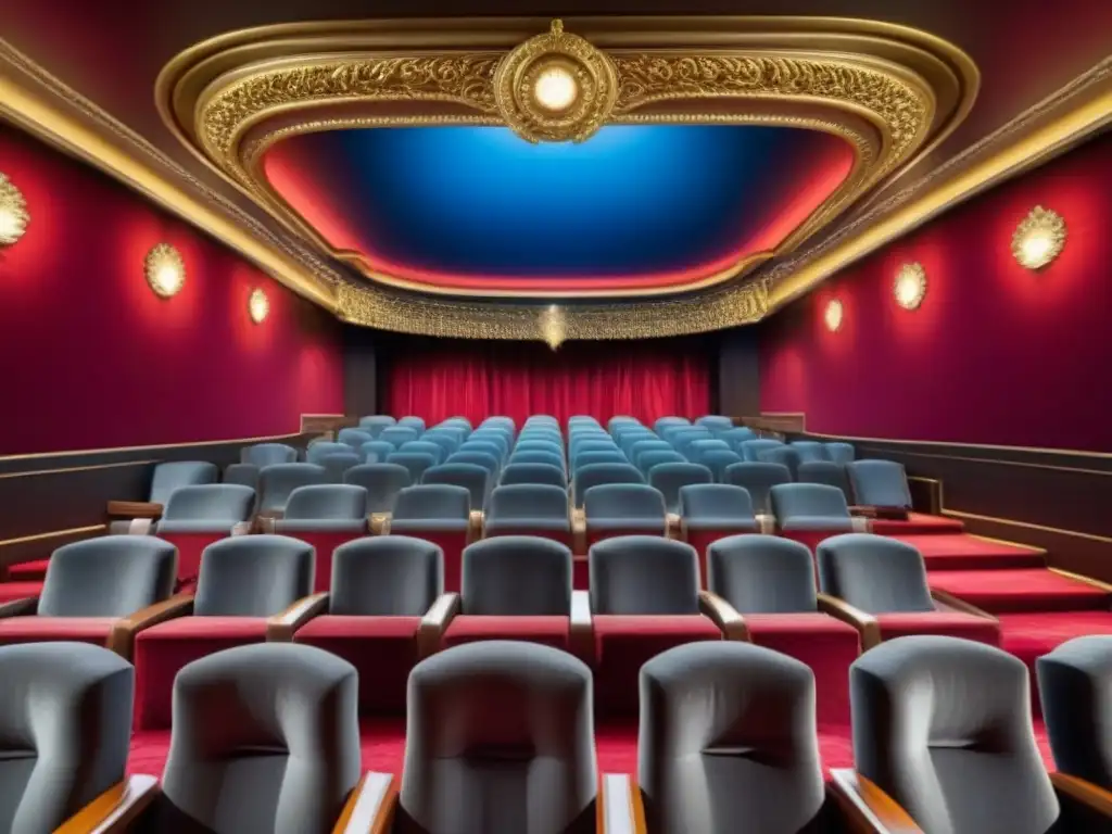 Una majestuosa sala de teatro vacía en un crucero, con asientos de terciopelo, detalles dorados y un escenario iluminado